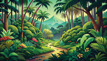 Magical tropical forest with bright flowers, a path going into the distance and a mountain in the distance - color vector illustration
