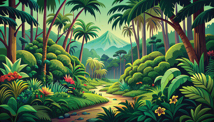 Fototapeta premium Magical tropical forest with bright flowers, a path going into the distance and a mountain in the distance - color vector illustration