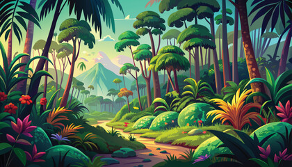 Path in a fabulous tropical forest - color vector illustration
