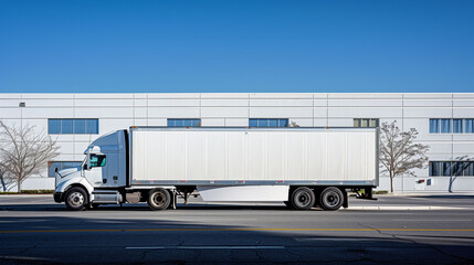 A white truck with a blank white box crossing by blue sky on the road