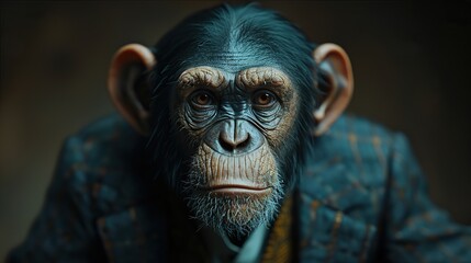 old monkey dressed in an elegant modern suit with a nice tie fashion portrait of an anthropomorphic animal shooted in a charismatic human attitude .stock image