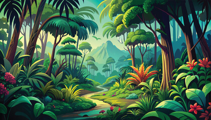 The Magic Rainforest with incredible flowers - vector color landscape