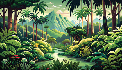 Tropical forest landscape with a river and a mountain in the distance - color vector illustration