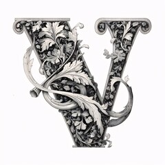 Luxury capital letter V with floral ornament on a white background