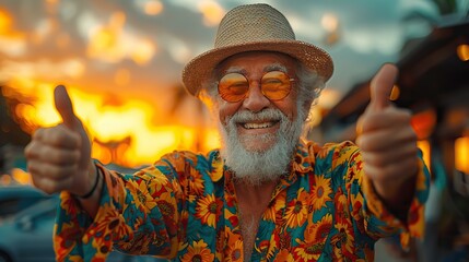 an excited happy grandfather with a big smile fun and original style wearing colorful clothes thumbs up for a good deal or idea active lifestyle concept .stock photo