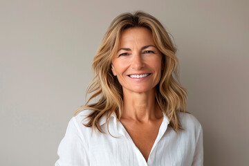 Fototapeta premium A woman with long blonde hair is smiling and wearing a white shirt