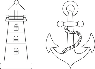 Anchor and lighthouse coloring page for kids. Summer outline doodle colouring page isolated on white background. Summer coloring book for kids