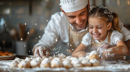 happy father and daughter sharing a moment of joy in the family kitchen preparing dough with flour cooking together with complicity.stock image