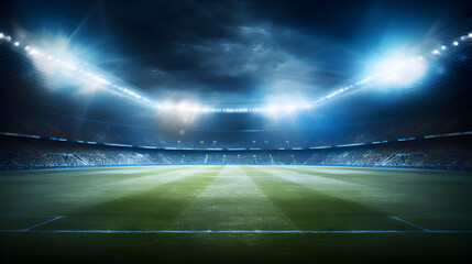 Stunning view of modern footbal stadium, Full night soccer arena in lights and flashes. 