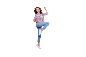 Full length size sweet gorgeous nice adorable good-looking leisure lifestyle lady with her brunette style stylish trendy wave curly hair she raised fist jump isolated on purple violet background