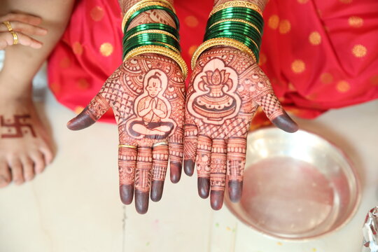Mehandi or Heena on hands, in Indian threading ceremony, Traditional Hindu cultural function, 