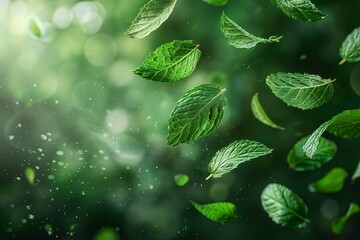 Mint leaves in flight and abstract wind swirls in isolation. Generative Ai