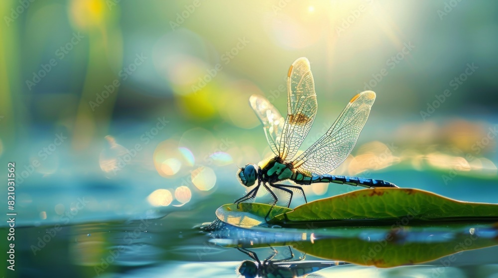 Poster dragonfly with transparent wings resting on a leaf by the water.