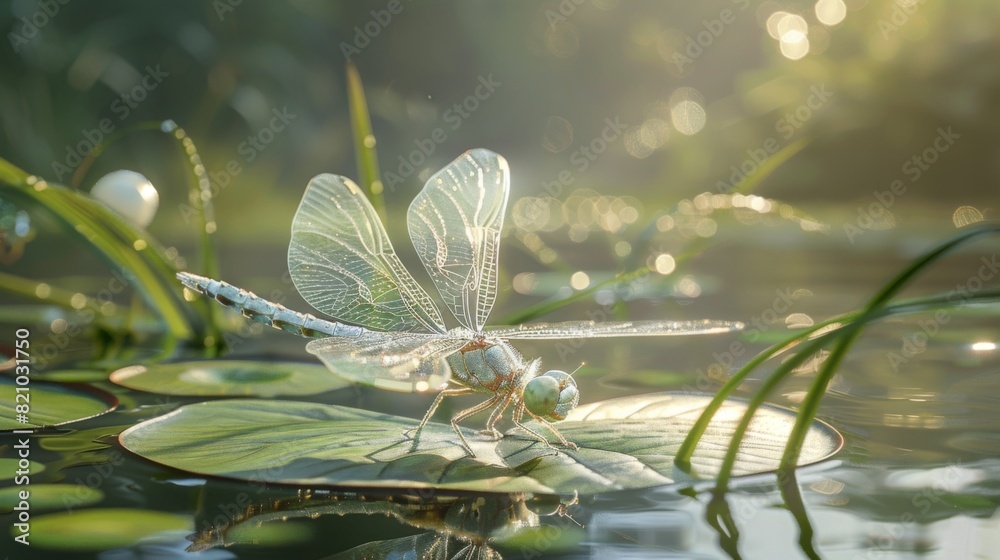 Poster dragonfly with transparent wings resting on a leaf by the water.