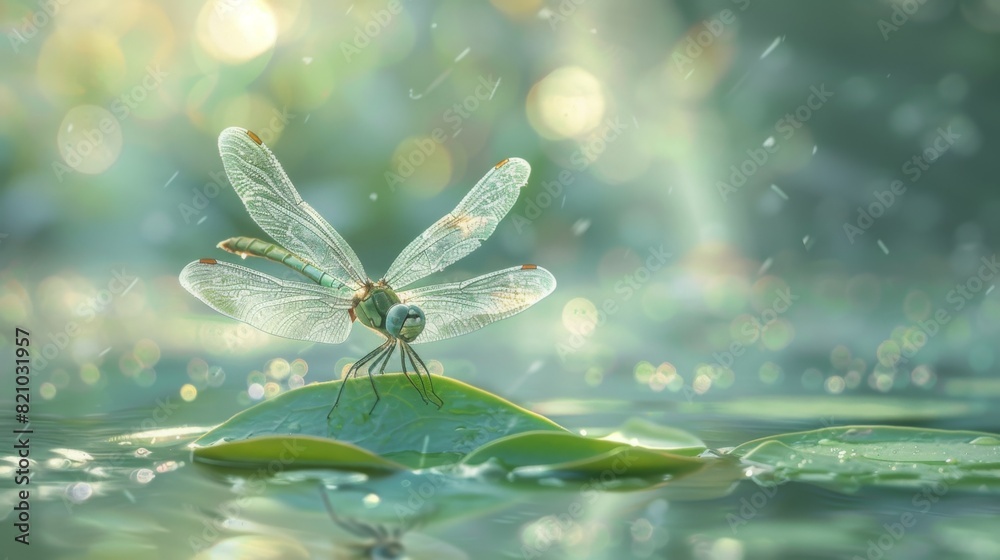 Poster dragonfly with transparent wings resting on a leaf by the water.