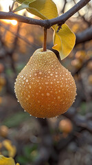 pear with morning dew on its branch 
