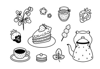 Set of strawberry desserts. Hand drawn vector illustrations. Line art.