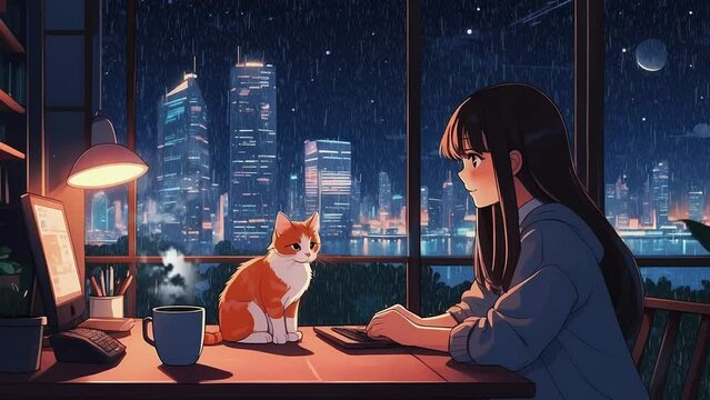 Tranquil Night Home Office Scene with Lofi Girl and Cat  Cityscape View  Cozy Workspace lofi loop animation