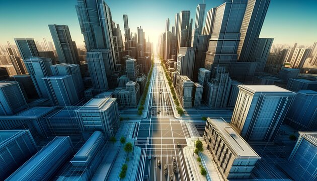 3D cityscape image constructed using trigonometric calculations to accurately depict buildings and streets in three dimensions.