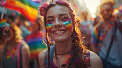 Obraz premium A cheerful group of people of different ages and backgrounds participating in a pride parade, with faces painted in rainbow colors and banners promoting acceptance and equality. Illustration