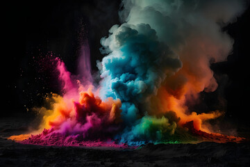 Obraz premium A vibrant eruption of colorful powder against a dark backdrop, Abstract dense multicolored smoke on a black isolated background. Background of smoke vape. Many colors. Rainbow powder.