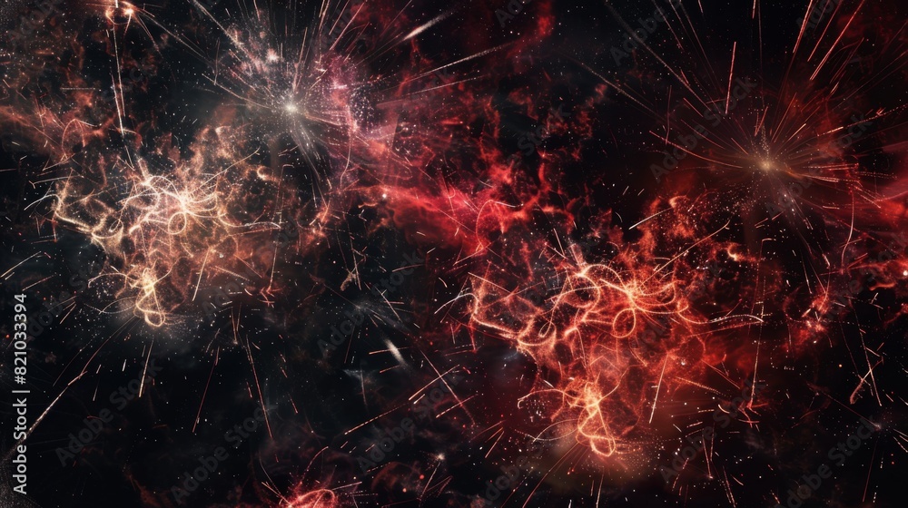 Fototapete Dynamic composition of fireworks forming intricate patterns against the dark sky.