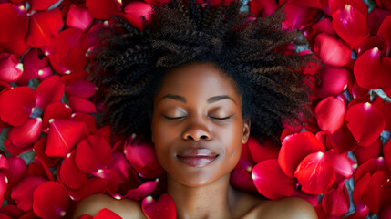 A African American woman is laying on a bed of red rose petals. She is smiling and she is relaxed. Beautiful African American woman lying on red roses petals
