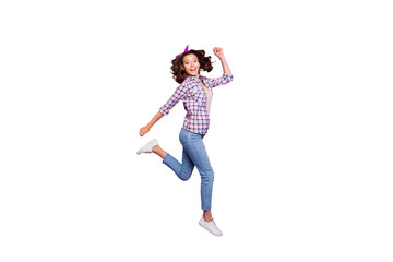 Full length size beautiful attractive dreamy carefree careless lifestyle lady with her modern brunette curly hairdo she run isolated on bright purple background in checkered shirt denim casual jeans