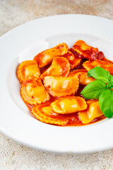 ravioli beef meat tomato sauce fresh cooking appetizer meal food snack on the table copy space food background rustic top view
