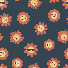 Abstract camomile flowers with faces. Unique shapes. Doodle cartoon style. Hand drawn Trendy Vector illustration.