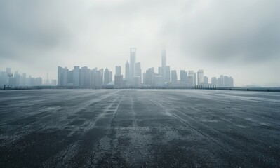 Minimalist modern background with empty concrete floor and distant city skyline, overcast sky, urban sophistication, texture for presentations and promotional material, in minimalist artist style.