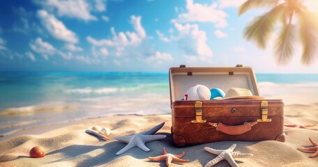 A suitcase is on the beach with a bunch of seashells and starfish generated by AI
