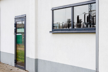 Power plant building with windows close up.