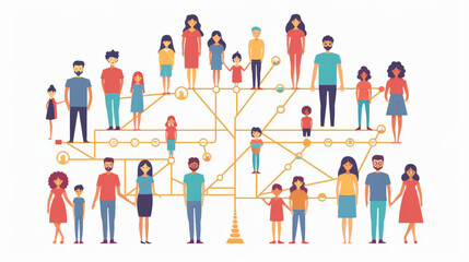 The image depicts a diverse group of illustrated people connected by lines, symbolizing a social network or family tree with multiple generations or relationships.