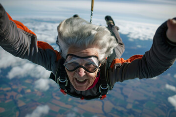Portrait of senior woman jumping with skydiving in blue sky
