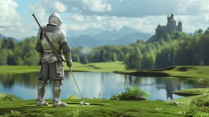 medieval knight playing golf .Generative AI