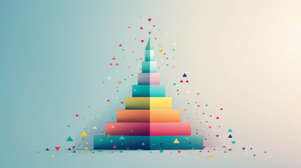 A colorful digital illustration of a stepped pyramid with scattered geometric shapes against a serene backdrop, symbolizing growth, creativity, or data hierarchy.