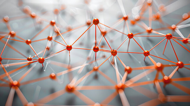 The image depicts a 3D-rendered network of interconnected nodes with lines; symbolizing concepts like connectivity, data, communication networks, or complex systems.
