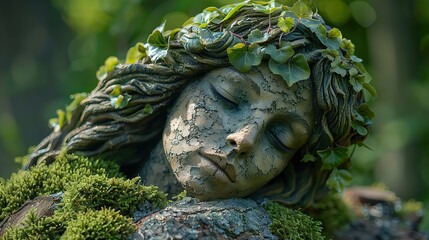 guardian of nature statue of a woman covered in green moss plants and roots in the wood nymph dryad fairy mystical myth and legend spirit of the forest.stock photo