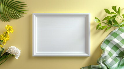Blank White Frame on Yellow Background with Green Leaves and Flowers for Mockups, Invitations, or Artwork Display