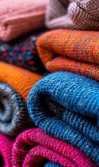 A colorful assortment of folded textiles showcases a variety of textures and patterns