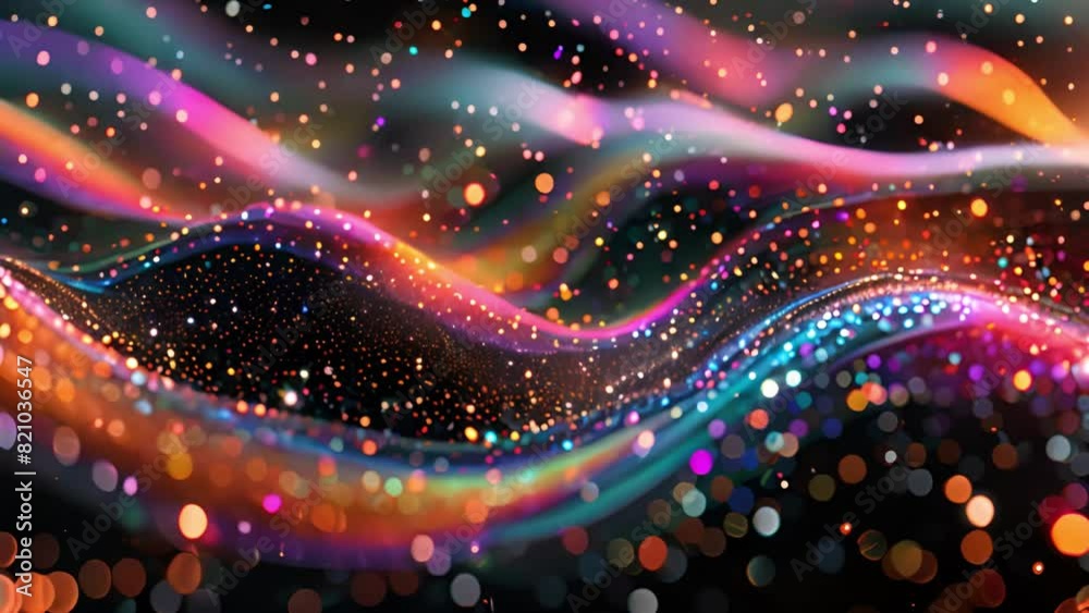 Poster Colorful light waves and sparkling particles create a dynamic, abstract display of flowing energy against a dark background.