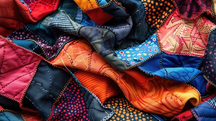 A colorful patchwork quilt with intricate stitching