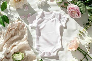white plain baby onesie with flowers for baby shower mockup 