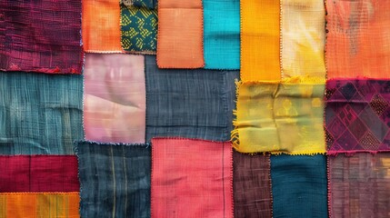 A vibrant patchwork of assorted colorful fabric pieces