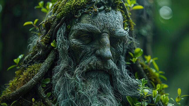 guardian of nature statue of a wise old man covered in green moss plants and roots meditating in the wood mystical myth and legend spirit of the forest.illustration stock image