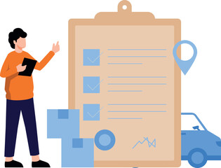 The boy is looking at the delivery list.