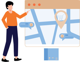 The boy is looking up the delivery location online.