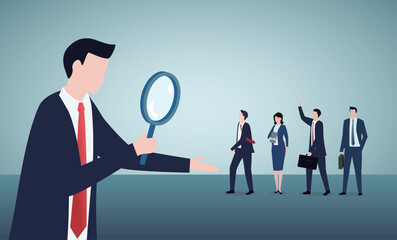 Businessman holding magnifying glass to find employee. Recruitment concept