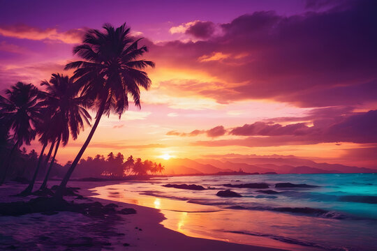 Gorgeous tropical sunset over beach with palm tree silhouettes Perfect for summer travel and vacation, romantic shoreline. Paradise on earth. Hawaii beach.